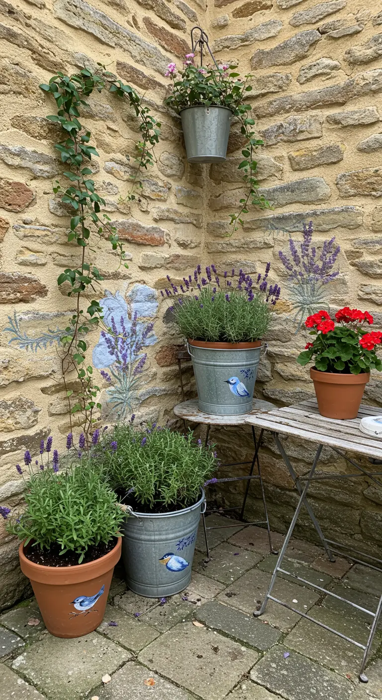 A stone wall corner with painted lavender sprigs, complemented by real lavender and geraniums in pots.