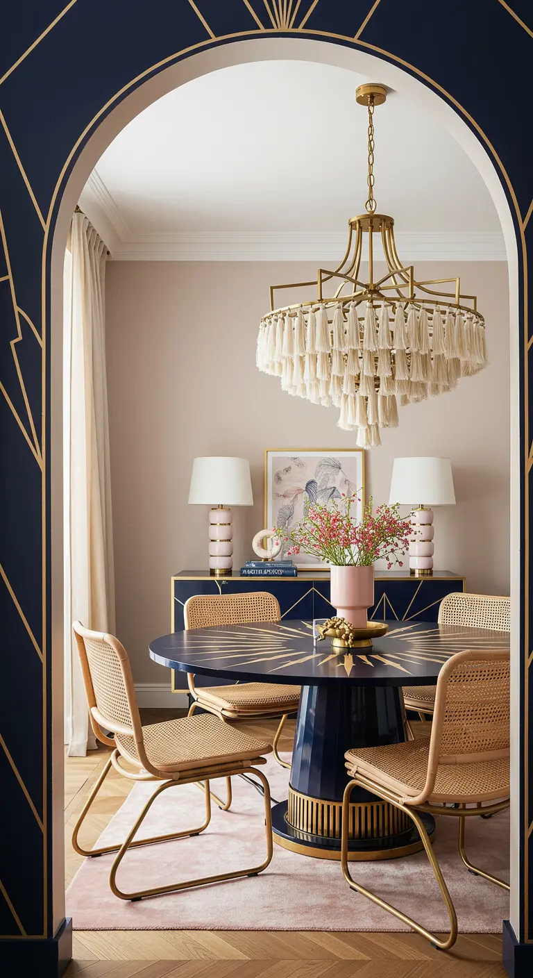 Art Deco dining room with a geometric archway and a brass chandelier with white tassels.
