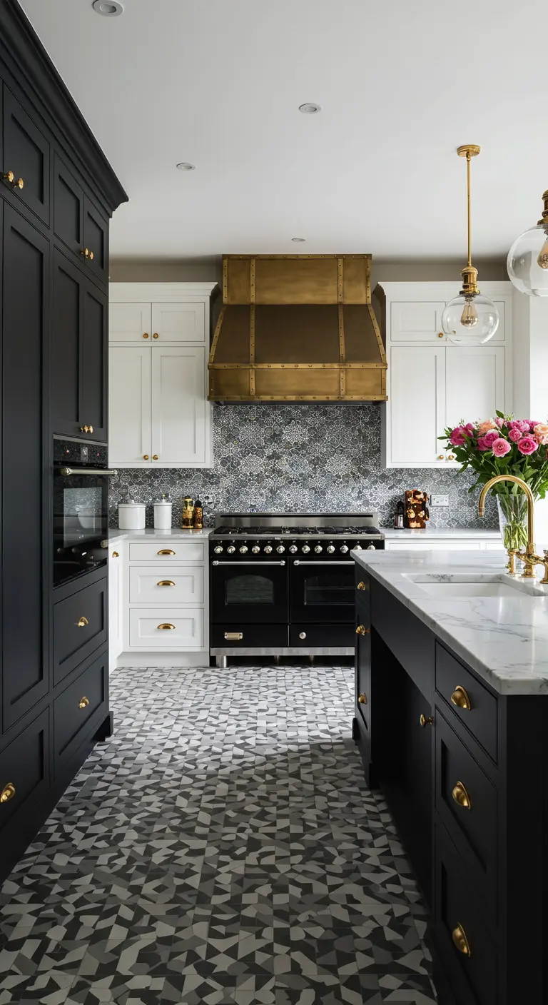 Kitchen with black and white cabinets, a brass range hood, and patterned tile.