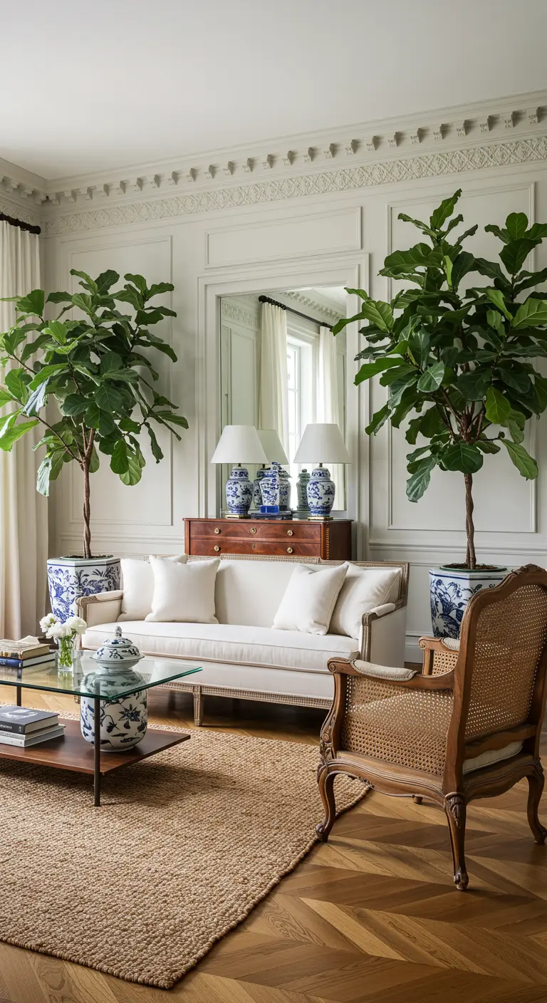 An elegant living room with two fiddle-leaf figs in blue-and-white Chinoiserie planters.