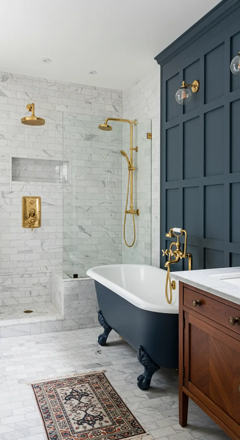 Bathroom with a navy clawfoot tub, dark paneled wall, and marble tile shower.
