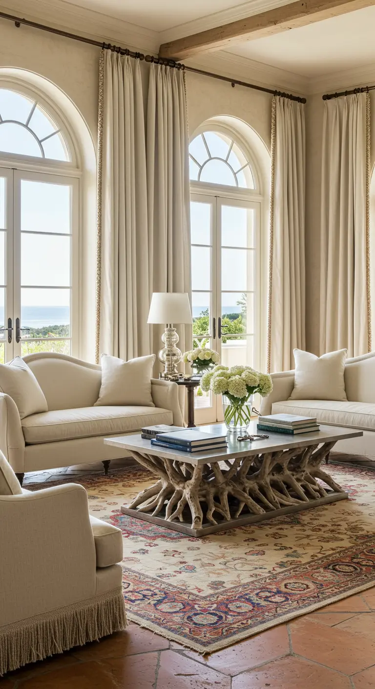 Elegant living room with arched windows, a patterned rug, and a driftwood coffee table.