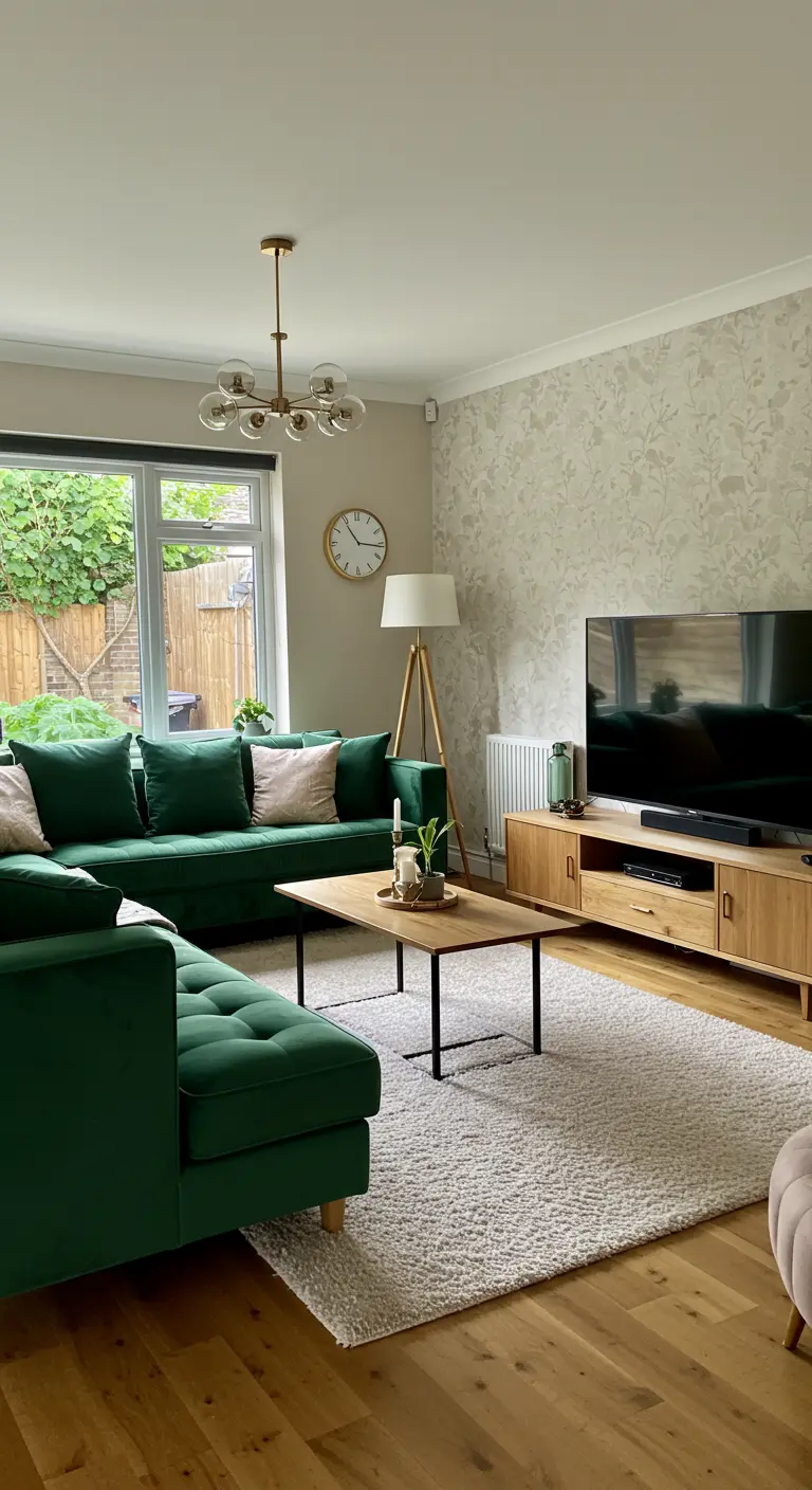 Living room with a large emerald green sectional sofa, light gray walls, and natural wood floors.