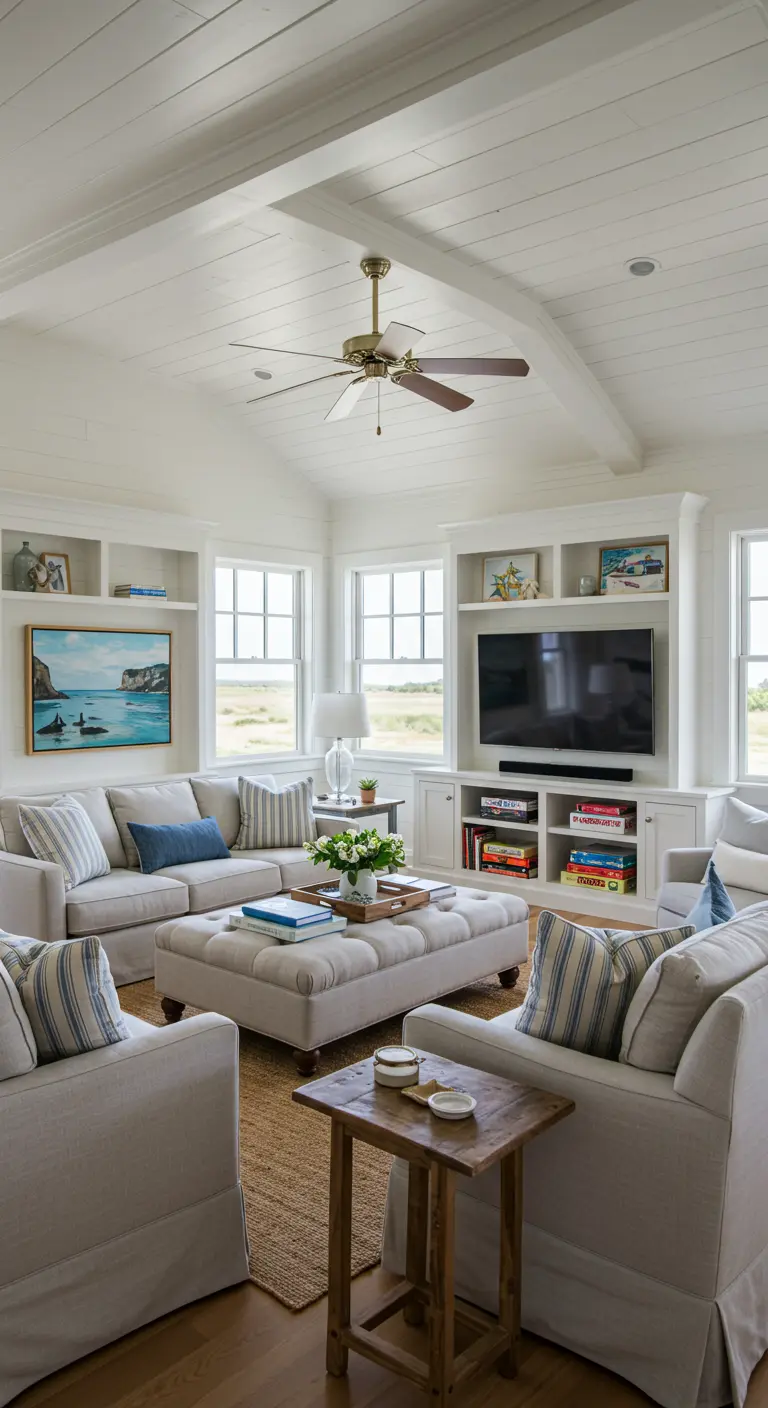 A living room with a distressed painted hutch and a vintage industrial factory cart coffee table.