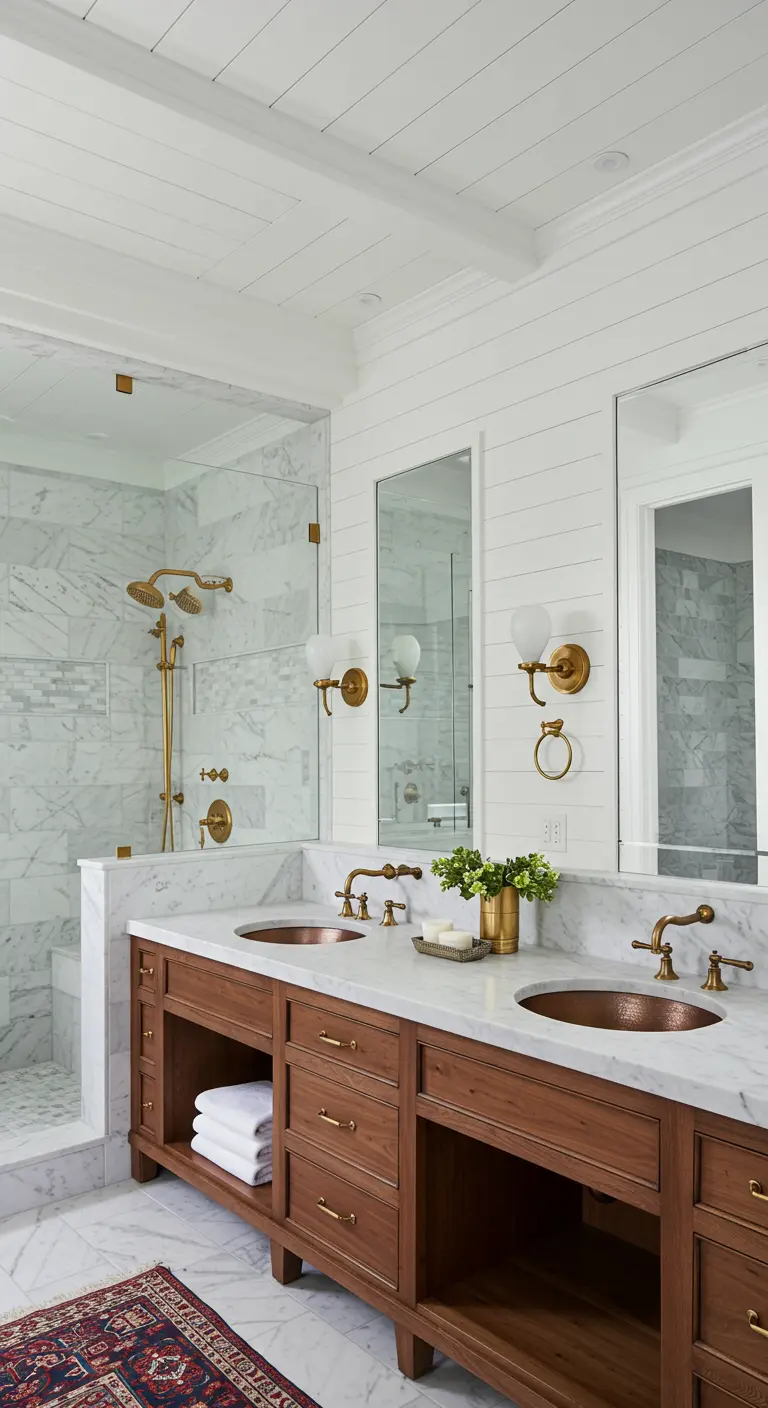 Elegant bathroom with a wood vanity, marble surfaces, and copper sinks.