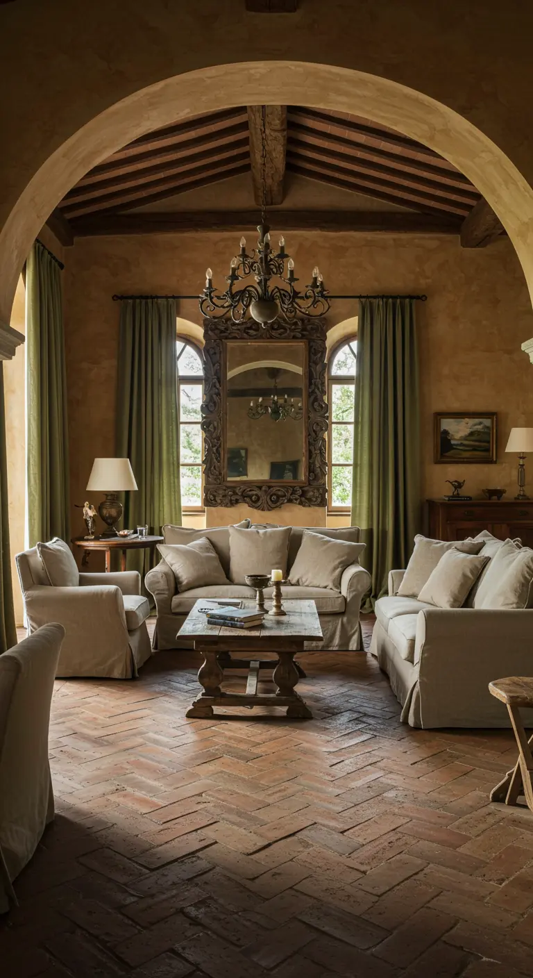 Rustic living room with terracotta floors, exposed beams, and an ornate, dark-framed mirror.