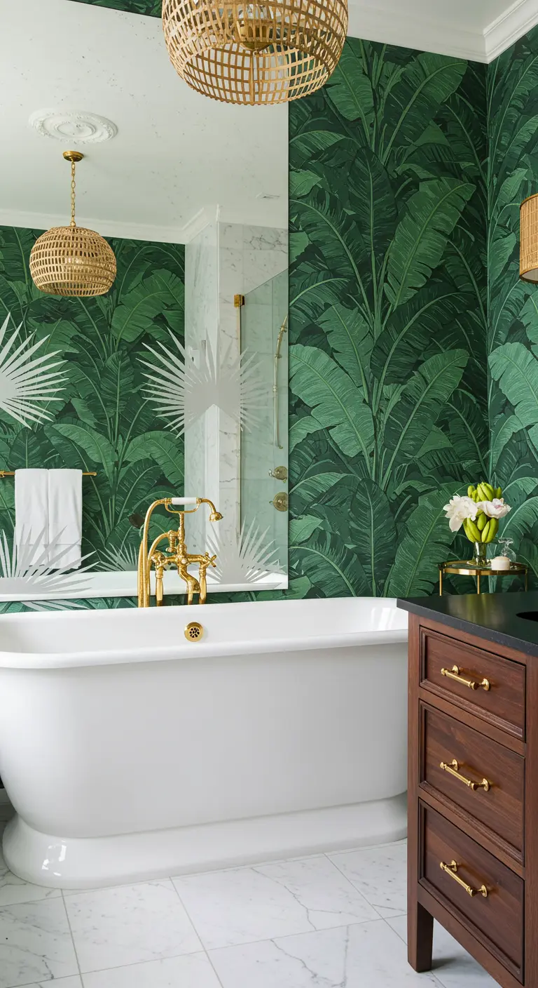 Bathroom with bold green palm leaf wallpaper, a white clawfoot tub, and rattan lighting.