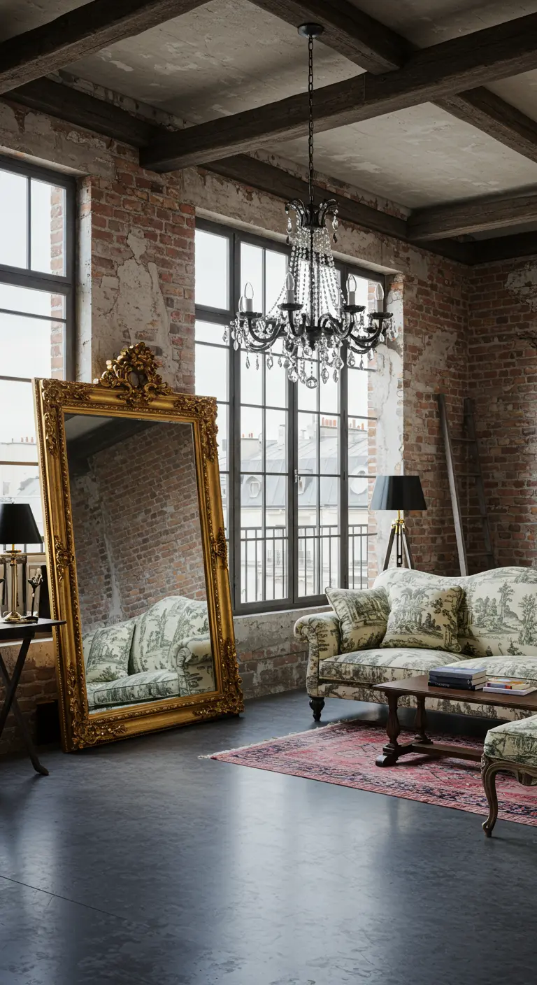 A massive, ornate gold-framed mirror leaning against a rustic brick wall in a loft.