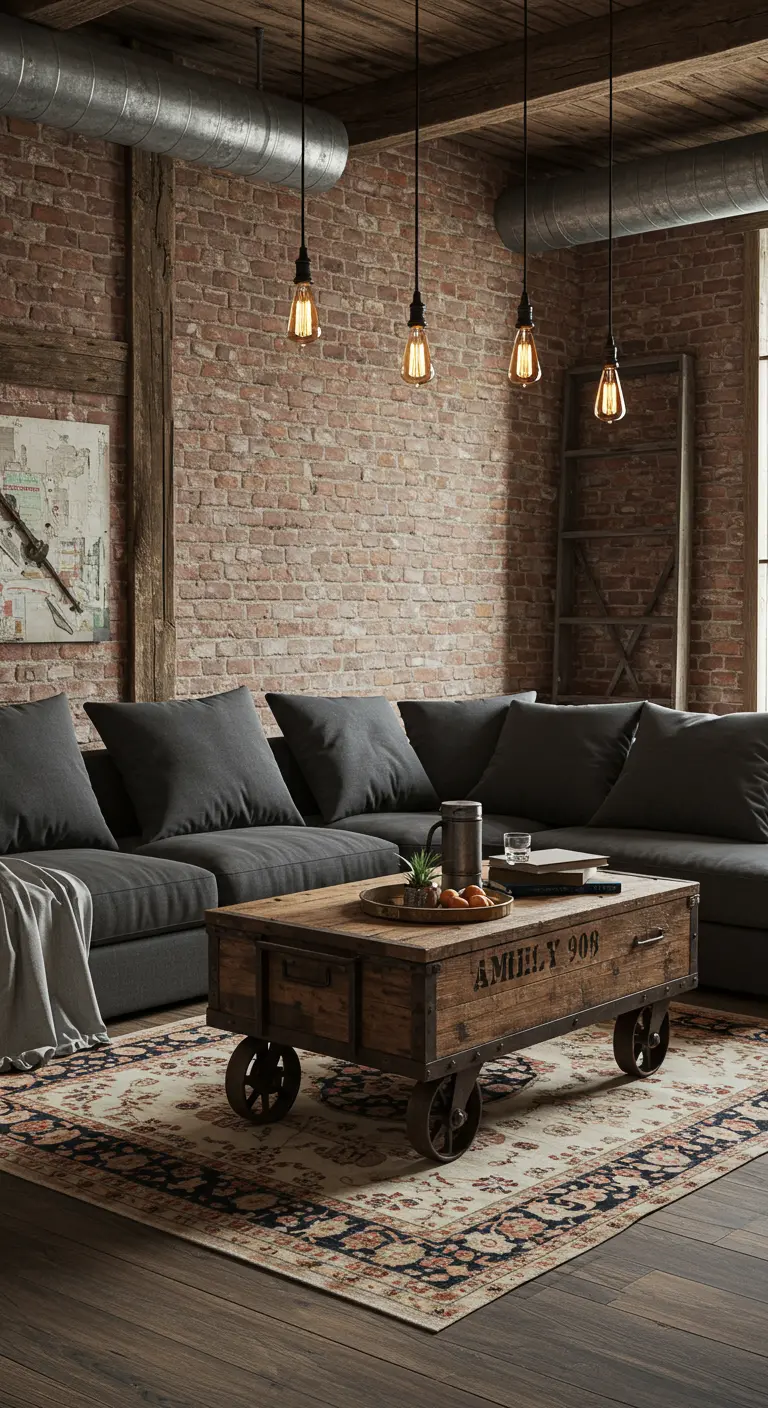 Industrial loft living room with exposed brick, a grey sectional, and a factory cart table.