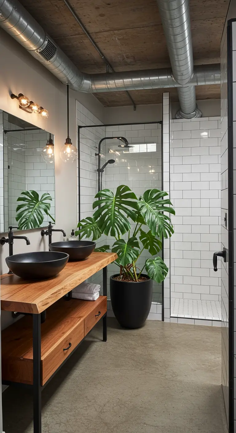 Industrial bathroom with exposed ducts, a wood vanity, and a large Monstera plant.