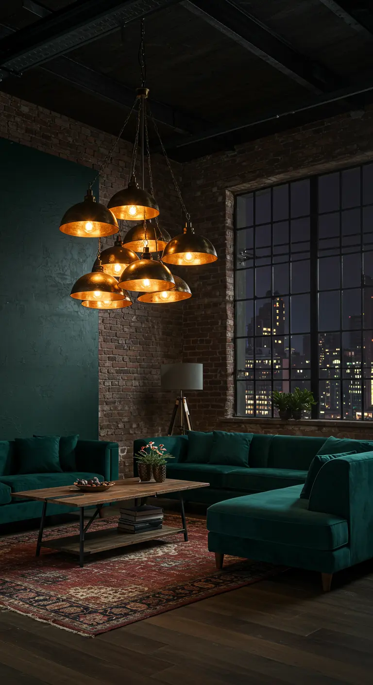 Industrial loft with an emerald green sectional, exposed brick, and a cluster of gold pendant lights.