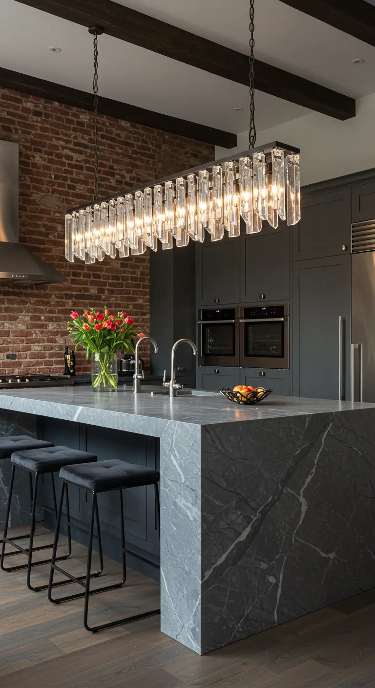 Industrial-style kitchen with an exposed brick wall, grey marble island, and a crystal chandelier.