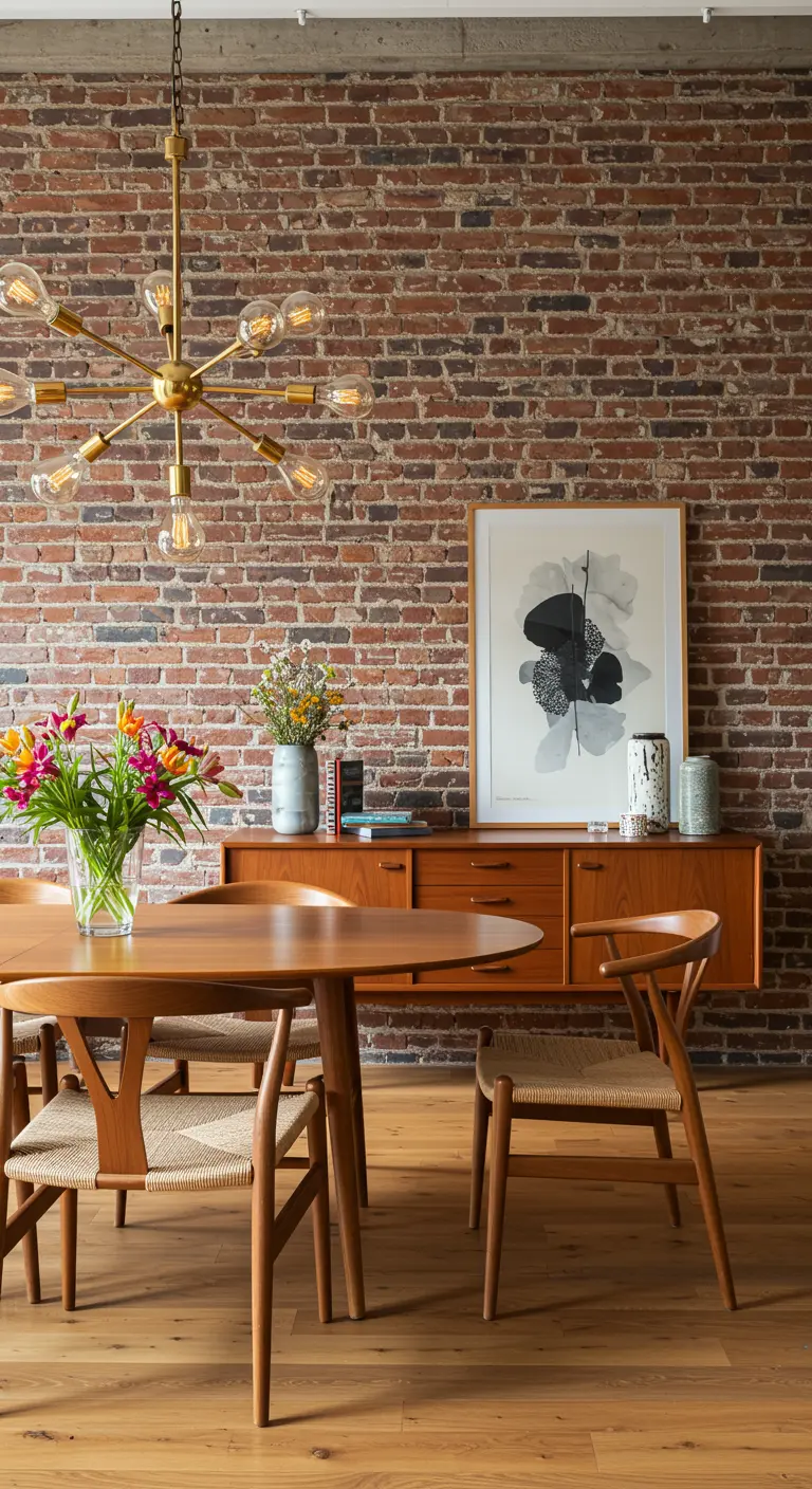 Dining room with a brick wall, mid-century wood furniture, and a brass sputnik light.