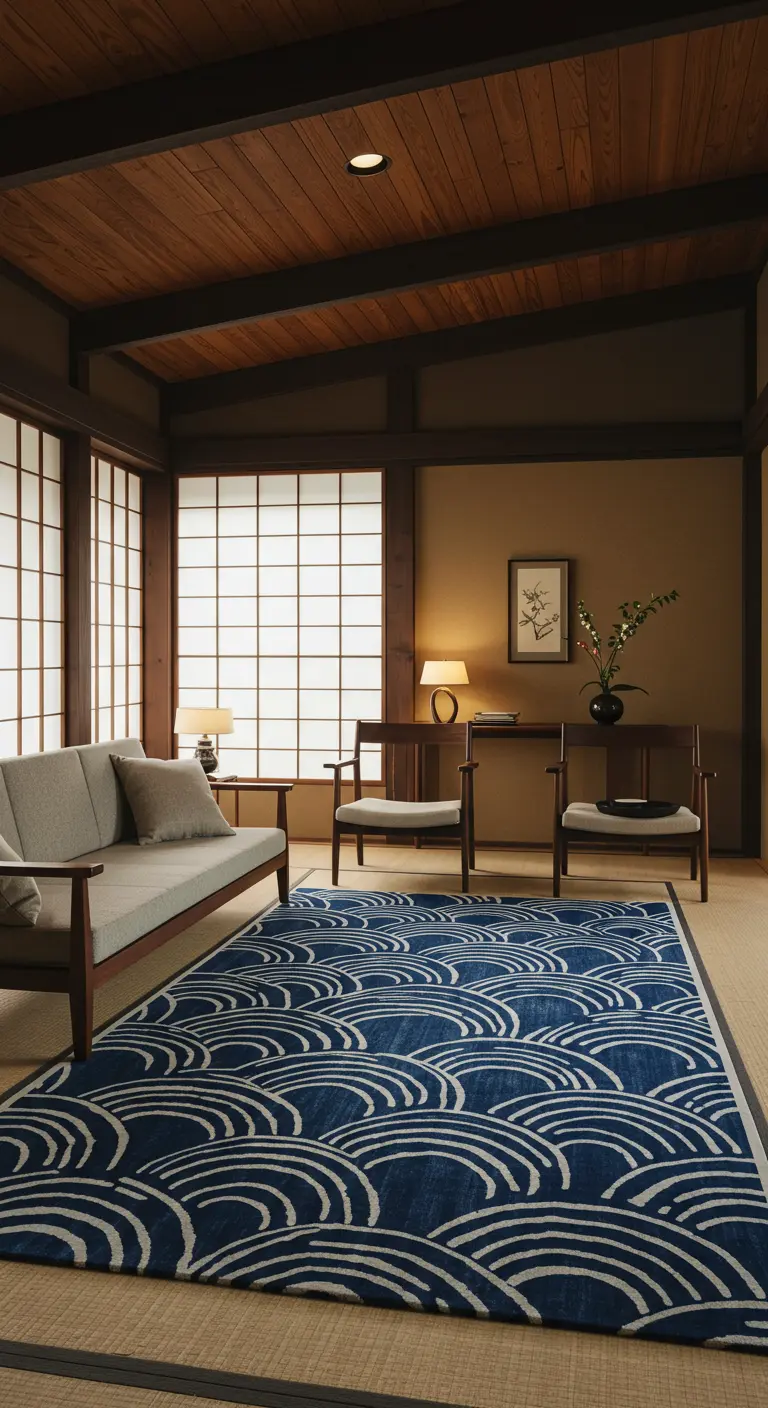 Japanese-inspired living room with wood furniture, shoji screens, and a blue wave-patterned rug.