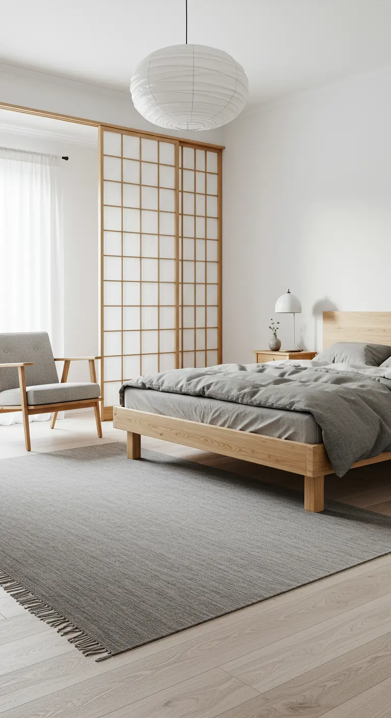 Japandi-style bedroom with a light wood bed, gray textiles, and a paper pendant light.