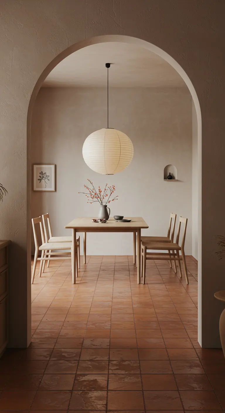 A minimalist dining room with a paper lantern, light wood furniture, and terracotta floors.