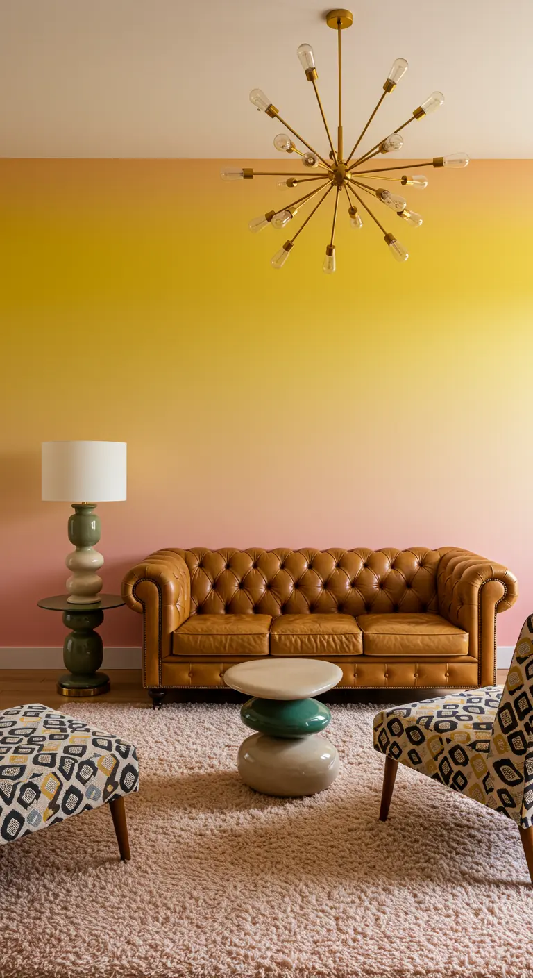 Leather chesterfield sofa facing a yellow and pink ombre wall with a sputnik chandelier.
