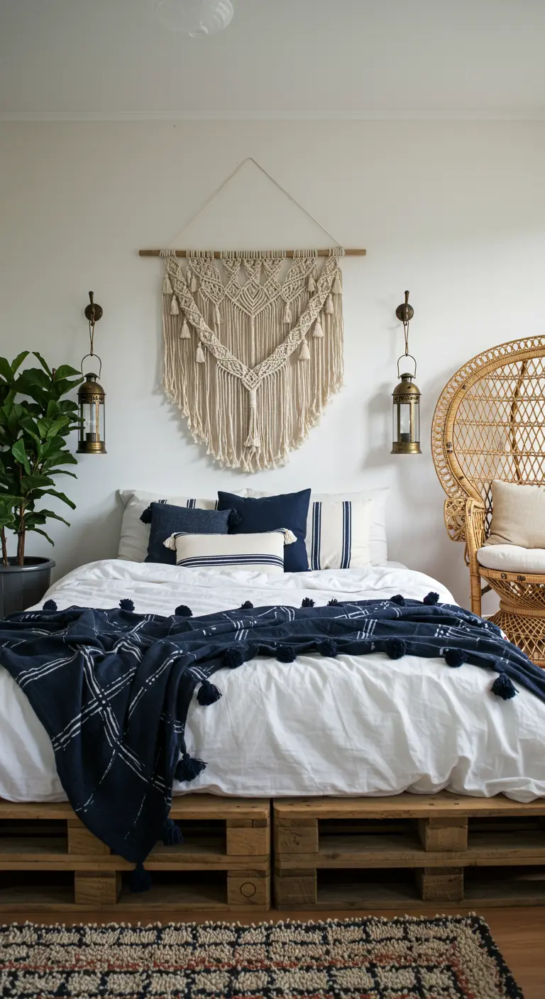 Bohemian-nautical bedroom with a pallet bed, navy textiles, and a large macrame wall hanging.