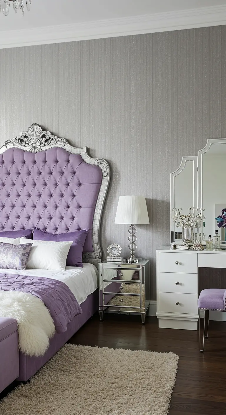 Glamorous bedroom with a lilac tufted headboard in an ornate silver frame and mirrored furniture.