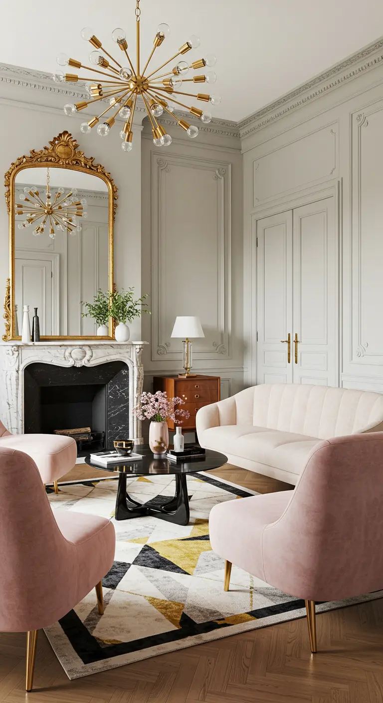 Parisian-style living room with a marble fireplace, pink chairs, and a modern geometric rug.