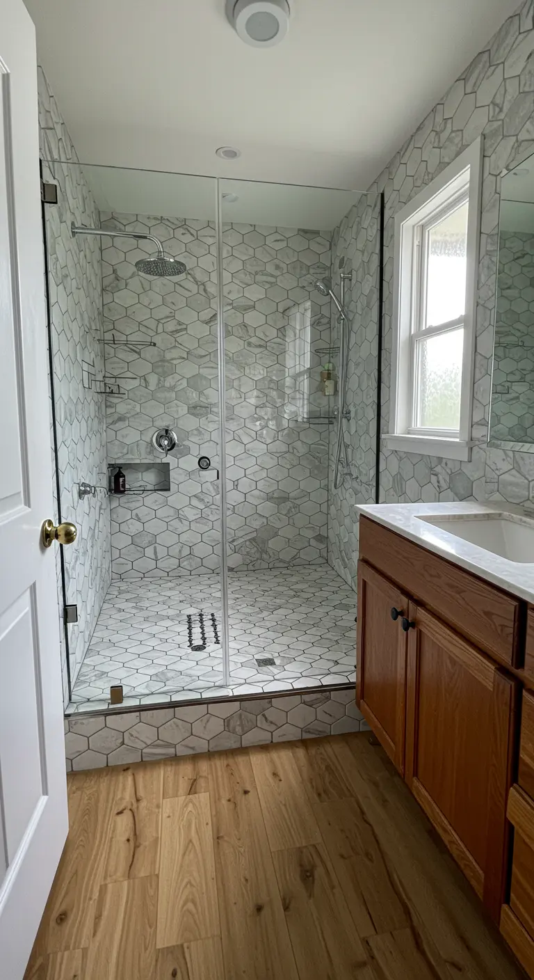 Shower enclosure fully tiled in marble-look hexagon tiles of varying sizes.
