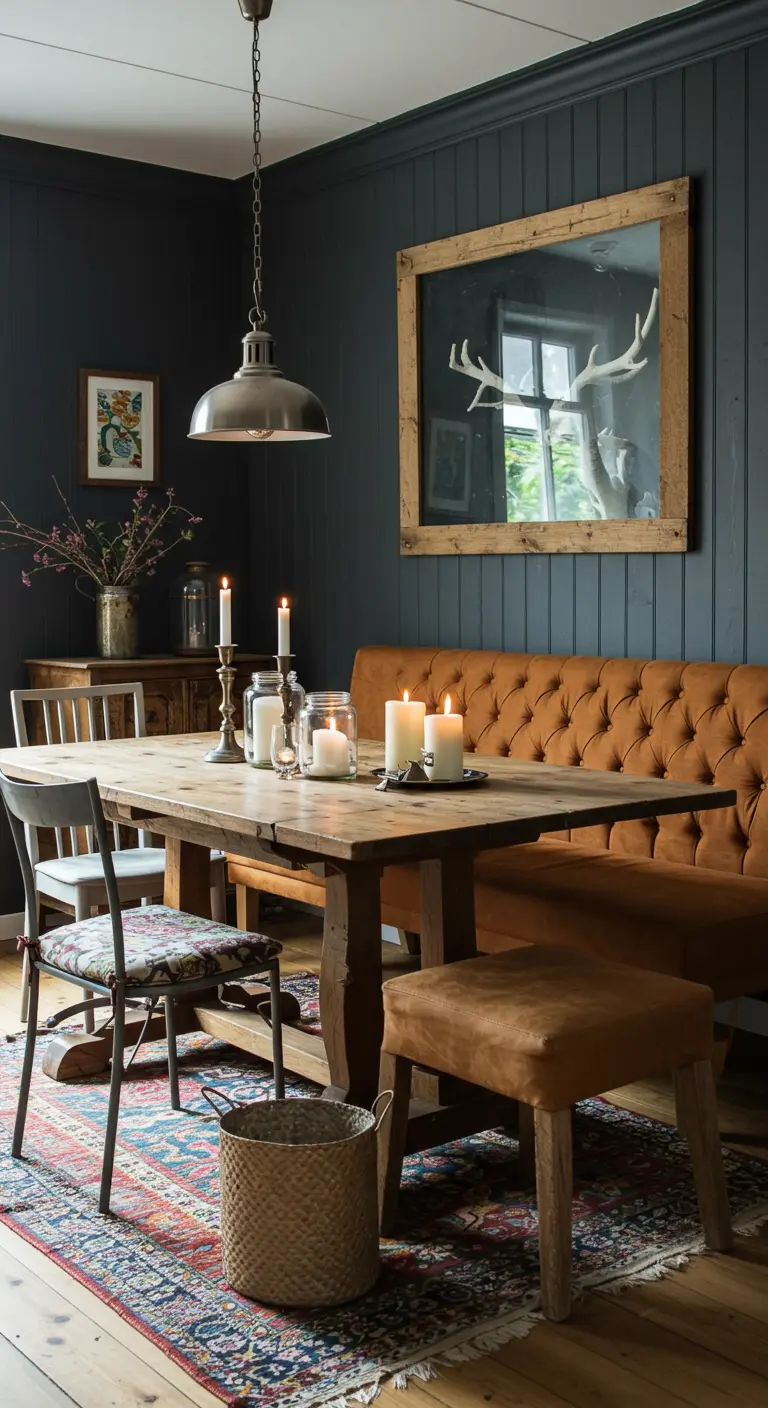 Rustic dining room with a tufted tan banquette, wood table, and industrial pendant light.