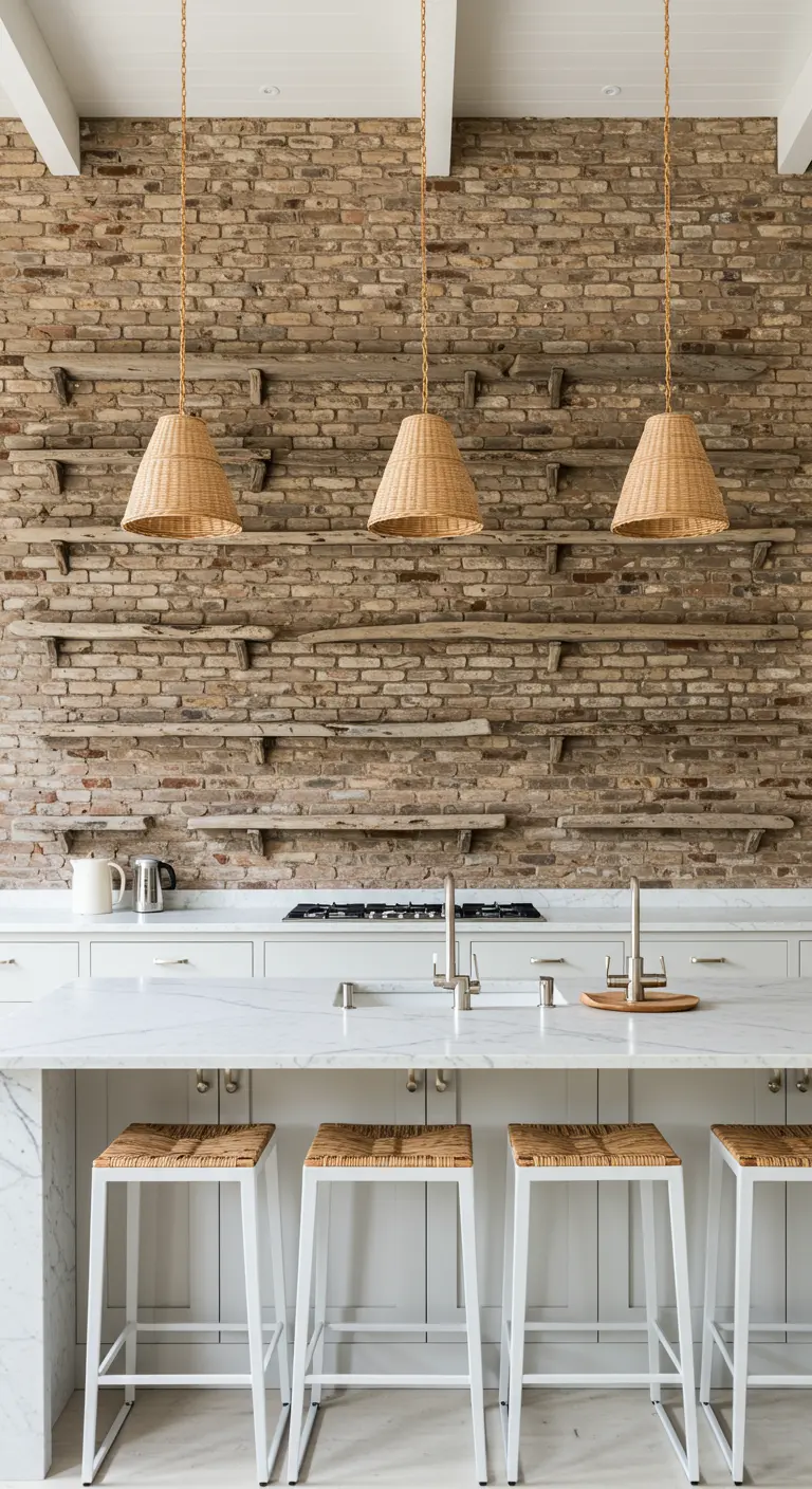 Three cone-shaped woven pendants over a marble island against a reclaimed brick wall.