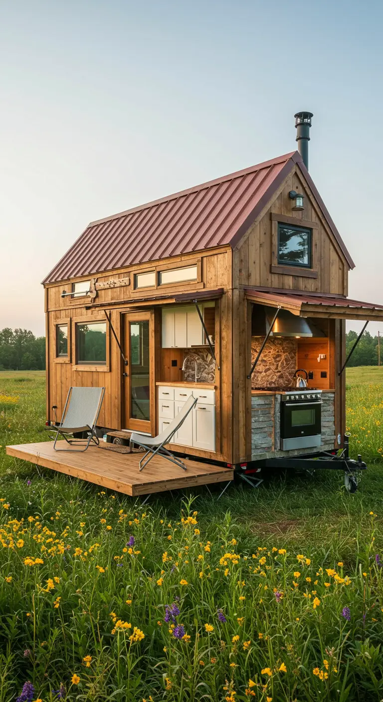 Rustic tiny home with a metal roof and an outdoor kitchen in a field of flowers.