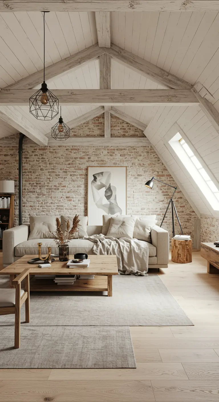 Attic living room with exposed brick, a neutral sofa, and industrial cage pendant lights.