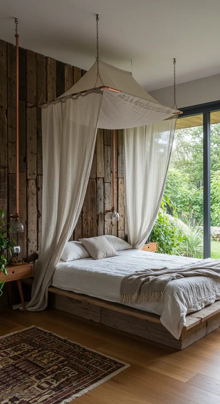 Bedroom with a reclaimed wood wall, a suspended canopy, and industrial copper light fixtures.