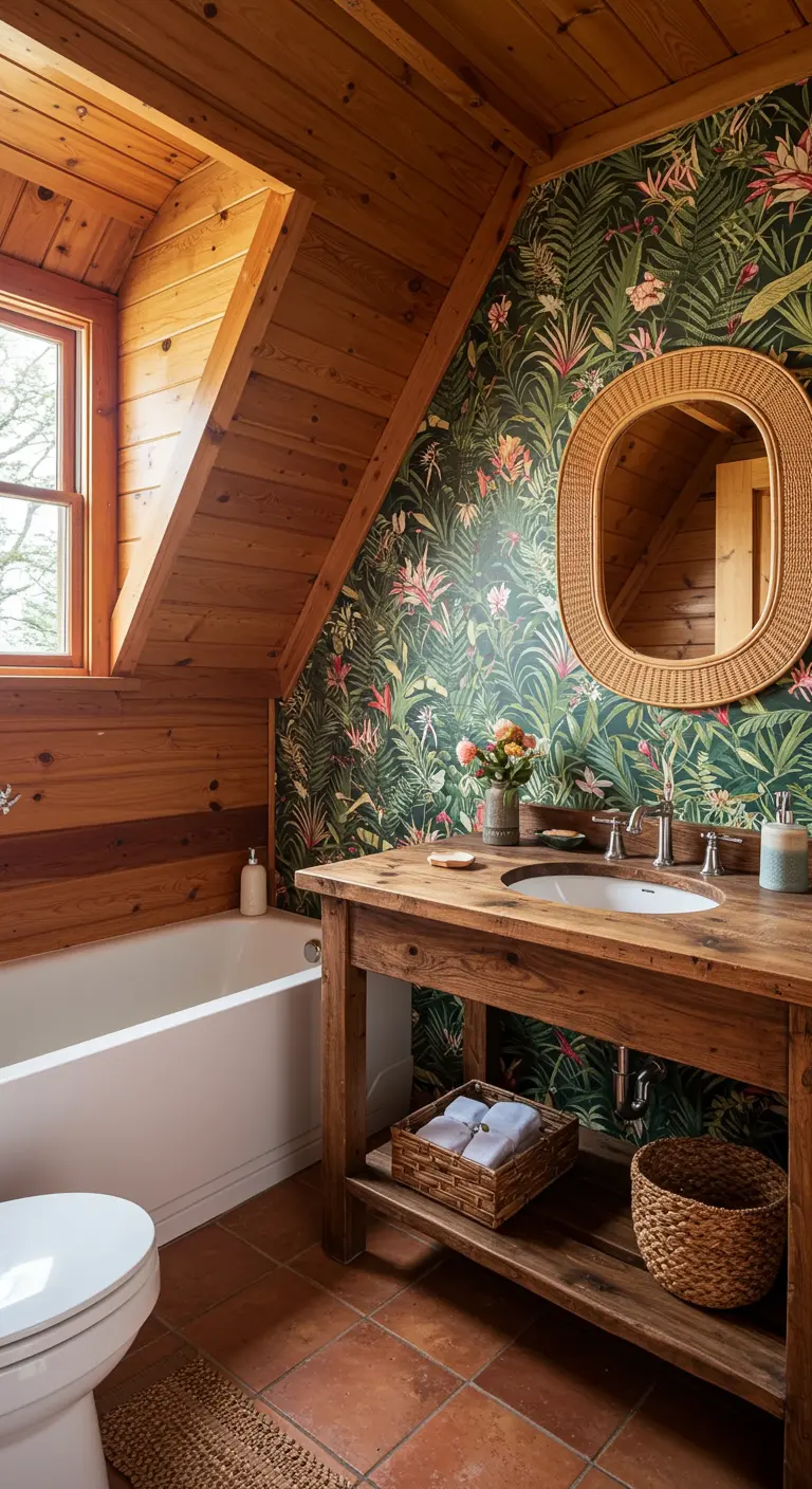 Attic bathroom with wood-paneled walls and a tropical wallpaper accent wall.