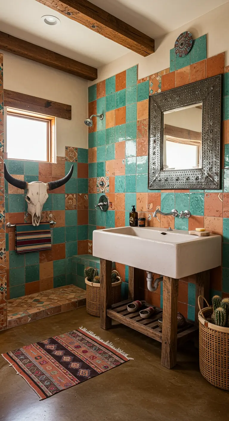 Southwestern bathroom with turquoise and terracotta tiles, a steer skull, and a rustic wood vanity.
