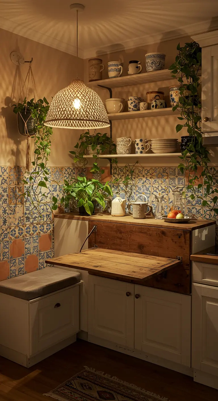 Cozy kitchen with patterned tiles and a dark wood fold-down table over a storage bench.