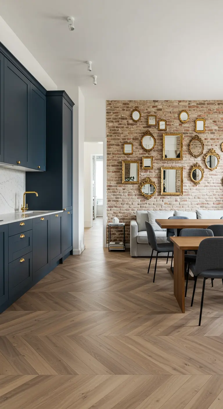 Open-plan kitchen with blue cabinets leading to a dining area with an exposed brick wall.