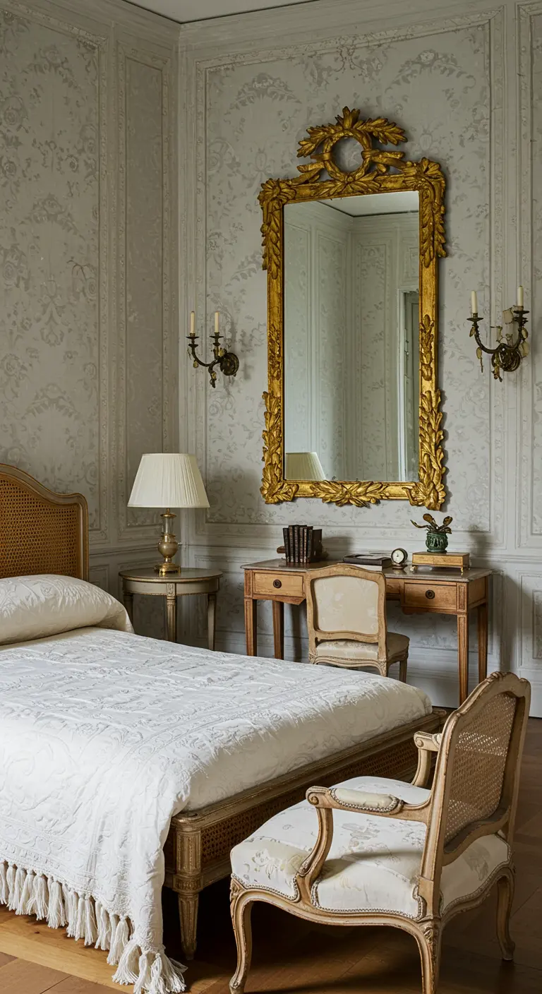 Elegant gray bedroom with a gold wreath mirror and cane-back bed.