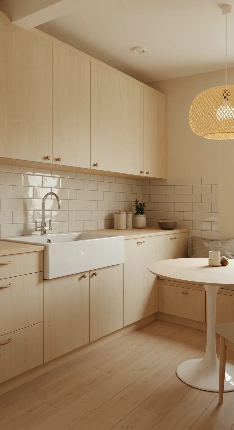 Japandi kitchen with light wood cabinets, a white farmhouse sink, and a woven pendant light.