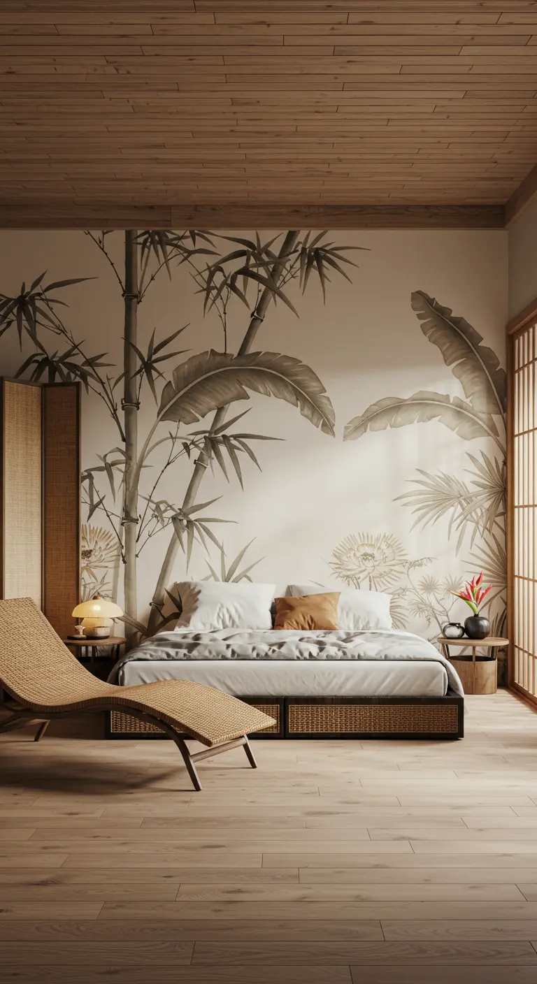Japandi-style bedroom with a muted bamboo mural and a low-profile bed.