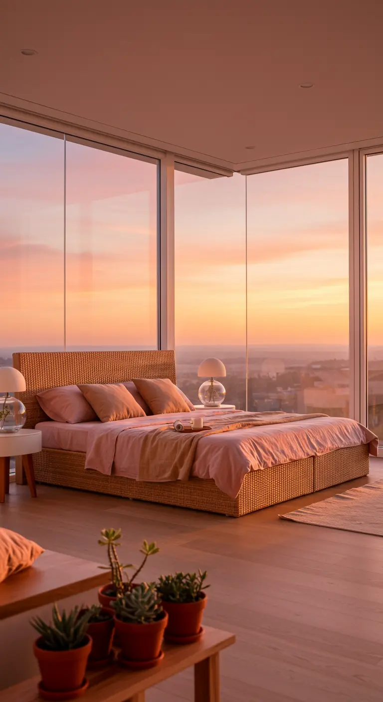 Bedroom with a rattan bed and glass walls showing a city sunset.