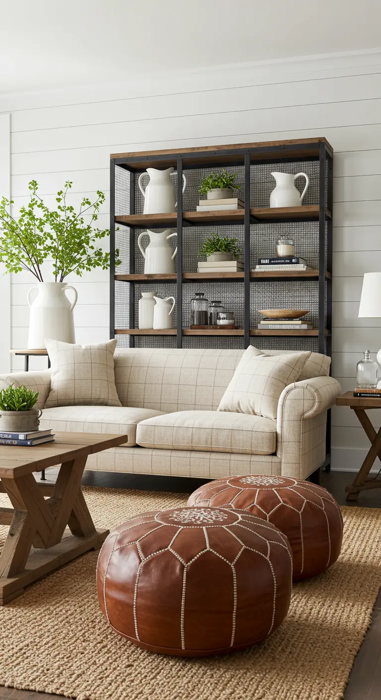 Modern farmhouse living room with a plaid sofa, shiplap, and a black metal shelving unit.