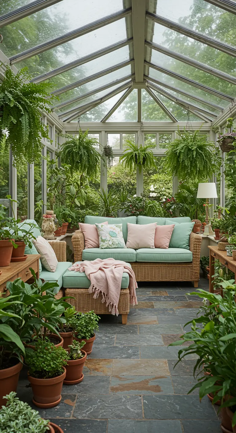 A sunroom filled with plants featuring a mint green wicker sofa with pink pillows.