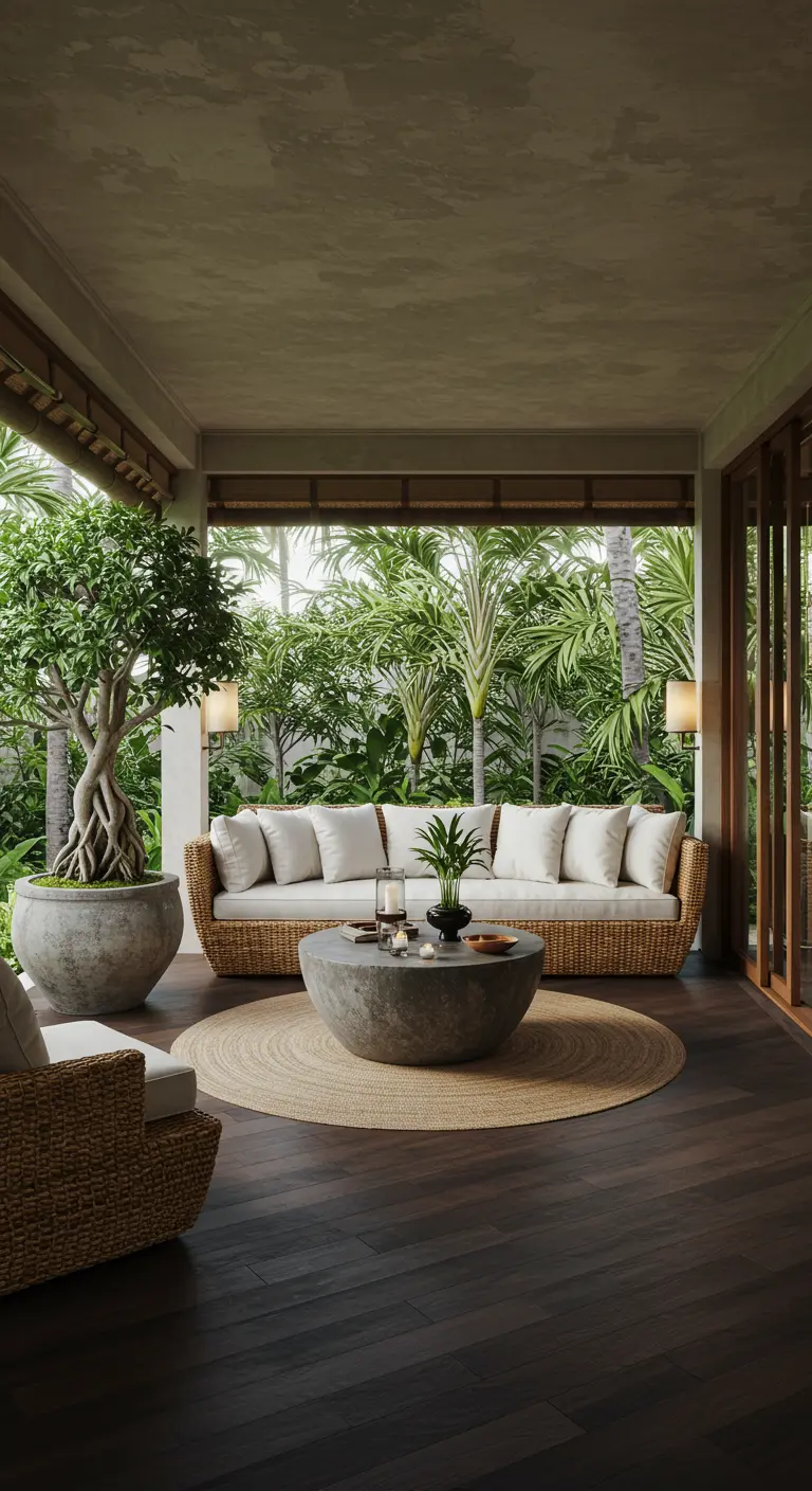 A covered patio lounge with woven rattan furniture, a round jute rug, and lush tropical plants.