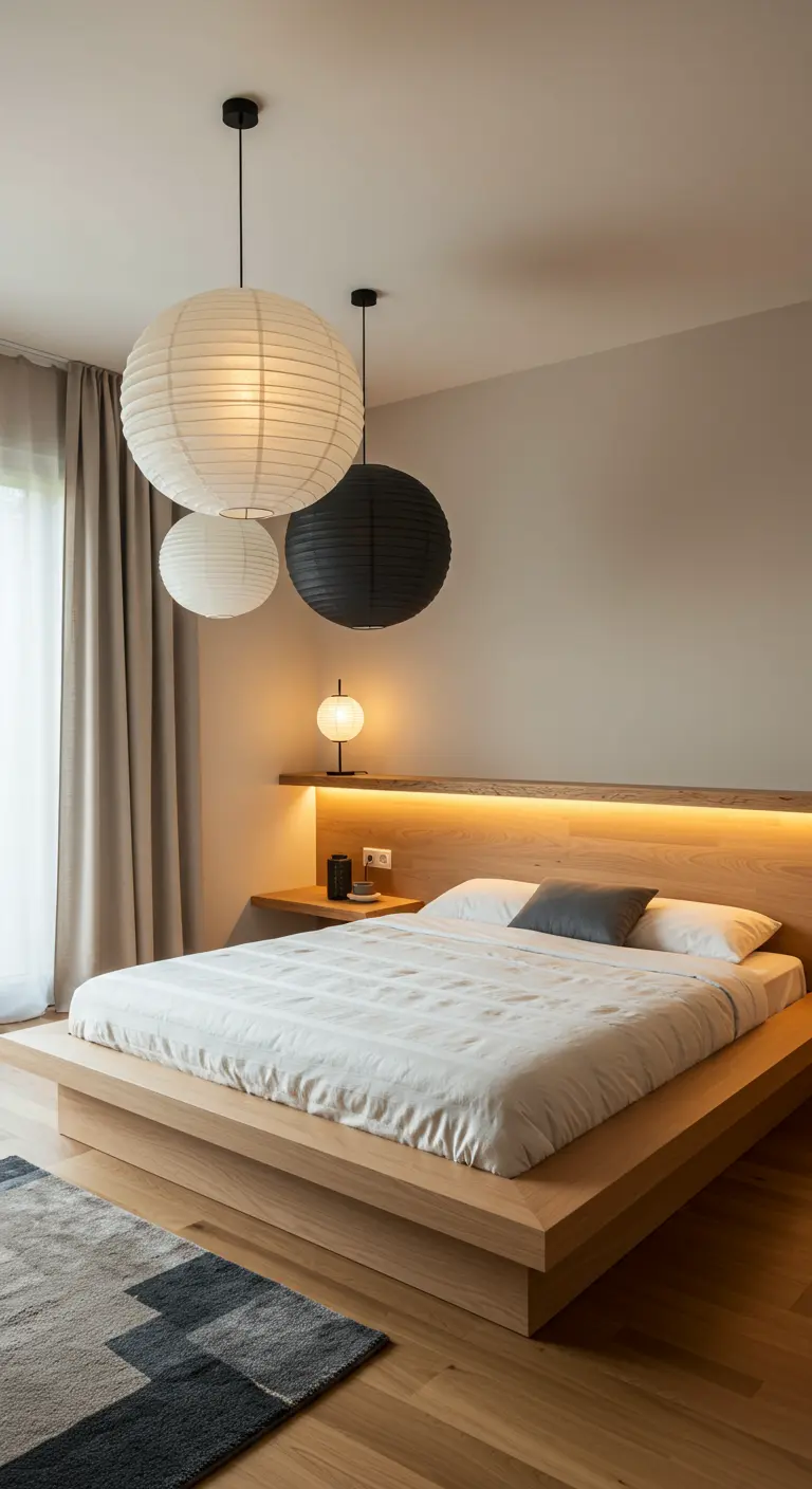 Minimalist wood platform bed with a backlit headboard shelf and paper lantern lights.