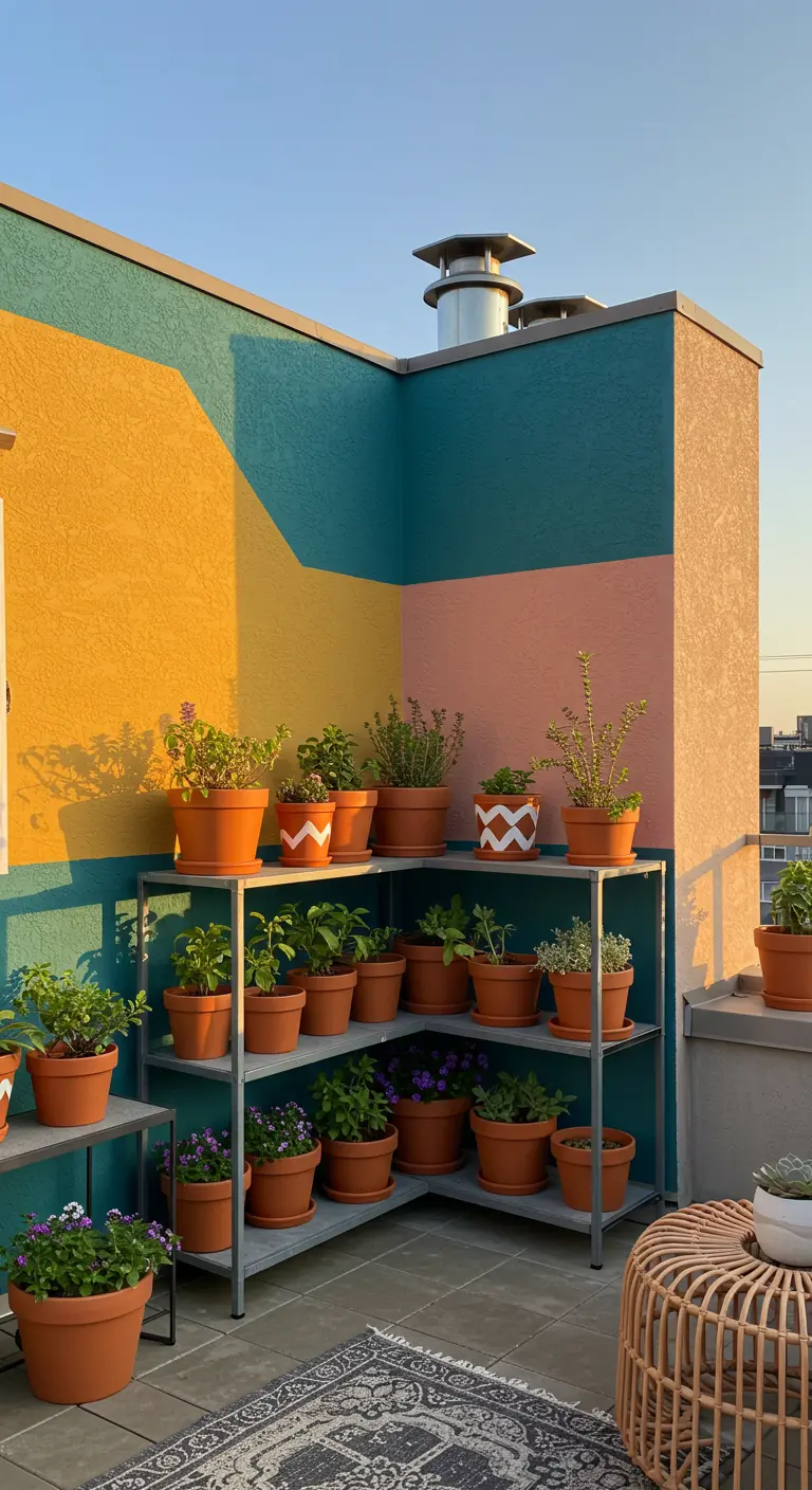 Rooftop corner with a color-blocked wall in teal, yellow, and pink, filled with terracotta pots.
