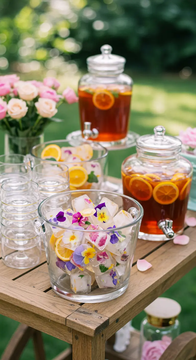 Glass ice bucket filled with ice cubes containing colorful edible flowers.