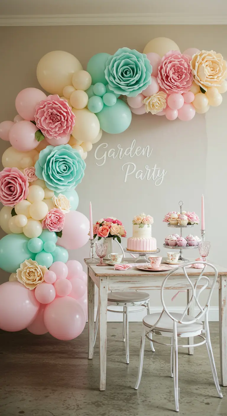 A pastel balloon arch decorated with large, colorful paper flowers.