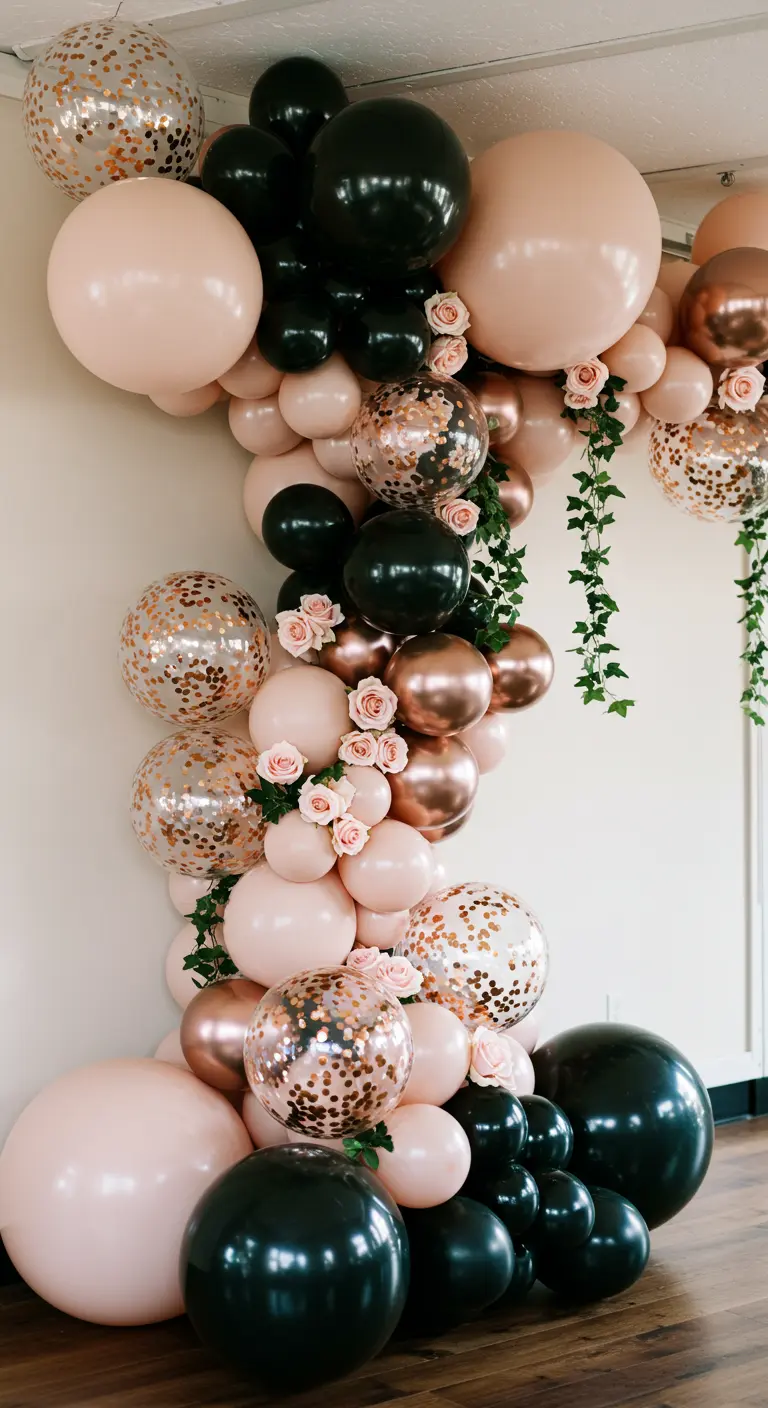 A blush, black, and rose gold confetti balloon garland accented with fresh pink roses and ivy.