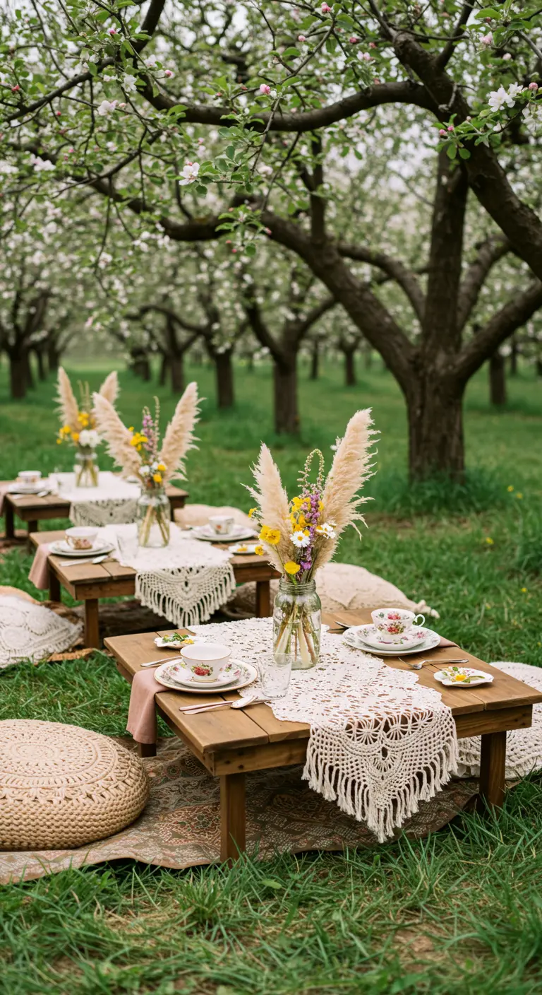 Boho picnic in an orchard with macramé placemats and vintage floral teacups.