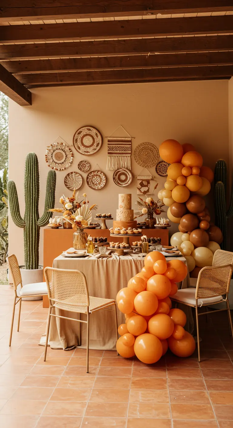 Dessert table with a terracotta-colored balloon arch, cake, and cacti.