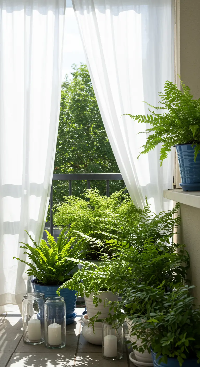 Bright balcony with sheer white curtains billowing and ferns in vibrant blue pots.