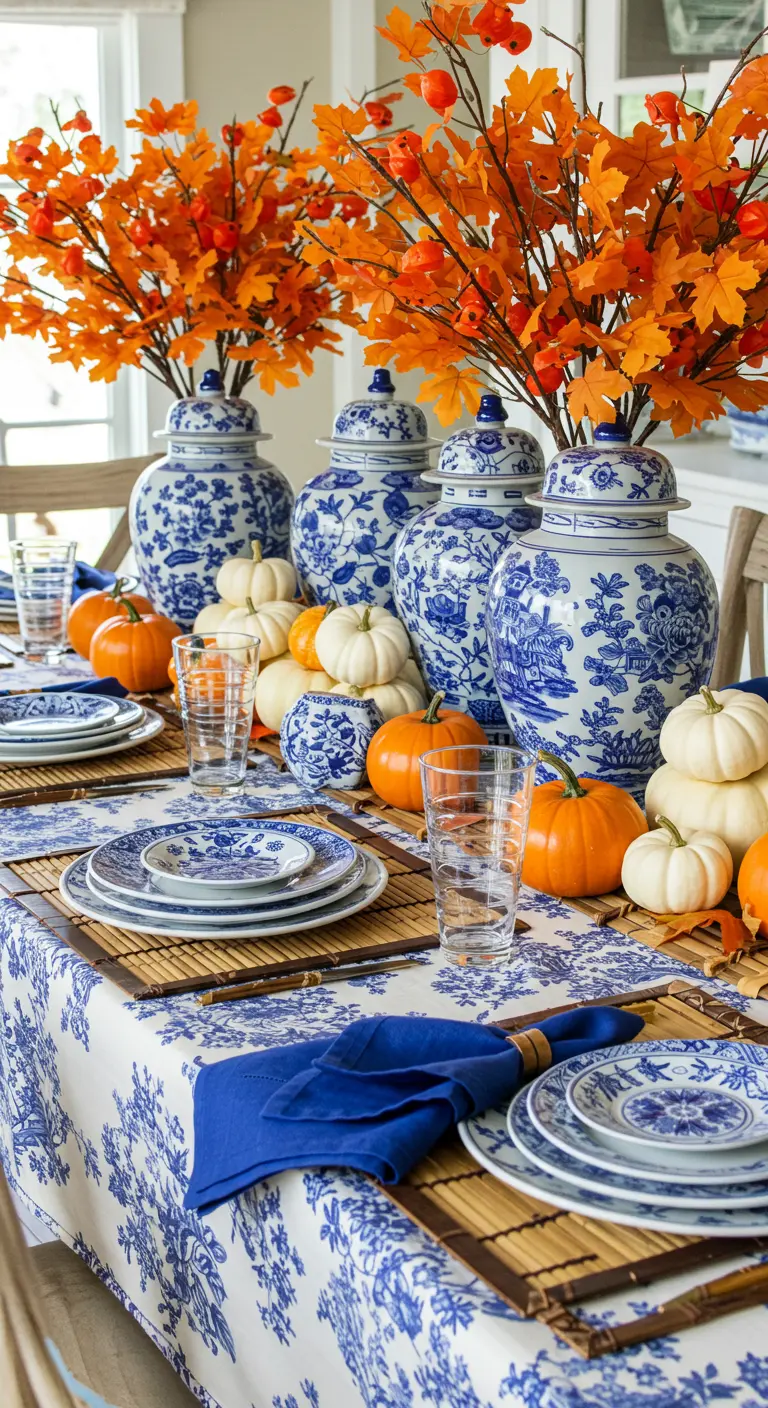 A striking table with a blue-and-white chinoiserie tablecloth, matching ginger jars, and vibrant orange pumpkins.